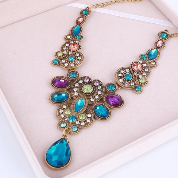 Blue and Gold Tone Statement Necklace - Picture 2 of 9